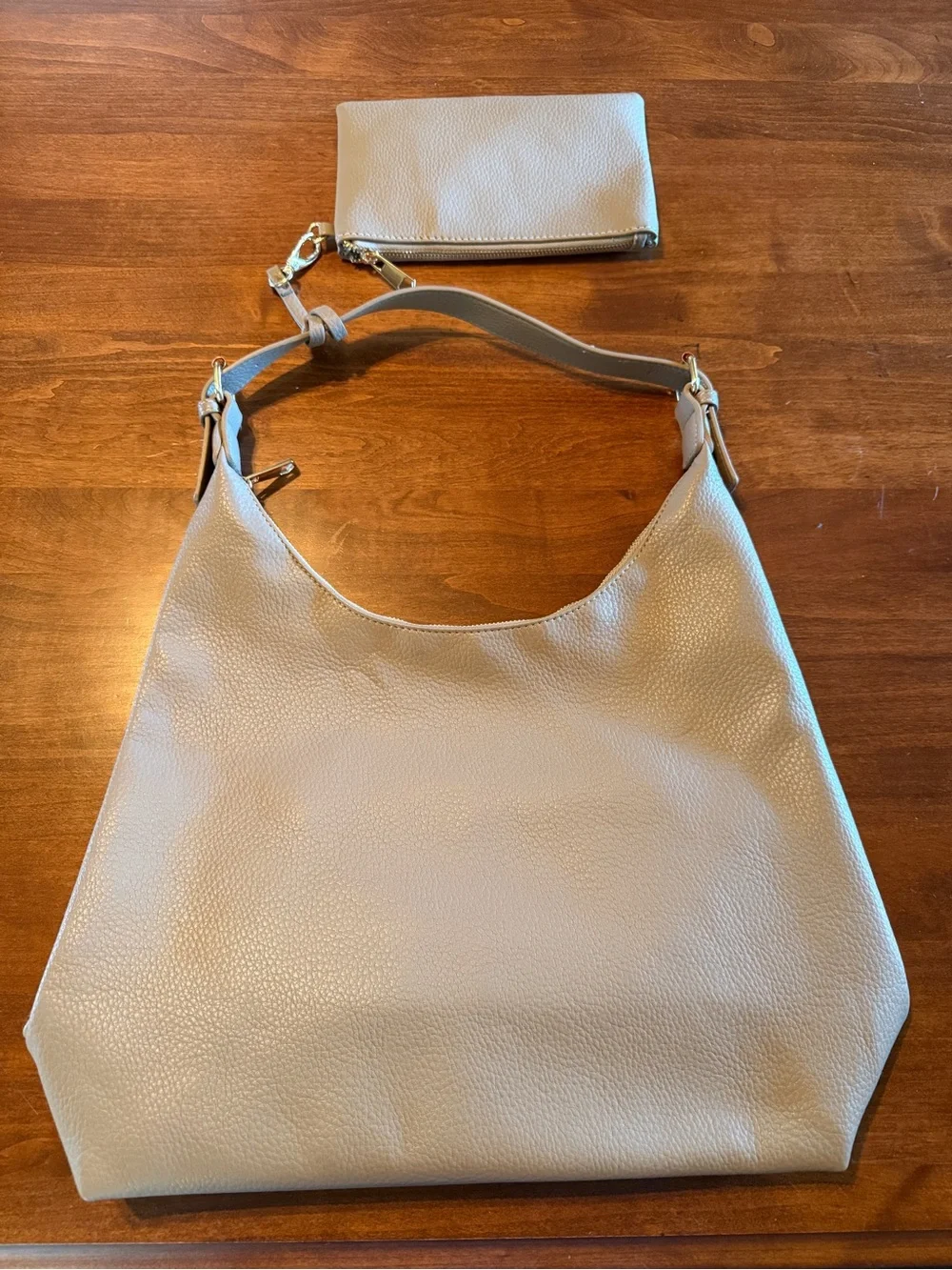 Isabelle Pebbled Hobo Shoulder Bag w/ Gold Hardware & Wristlet - Beige